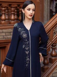 V-Neck Vintage Arabic Dress For Women, Navy Blue