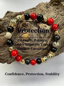 Men's Beaded Protection Bracelet 8mm Red Turquoise, Black Obsidian Meditation Jewelry For Women Men- Strength, Confidence, Negative Energy - Multicolor - View 8