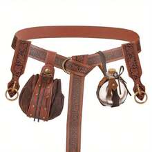 5 Piece Vintage Renaissance Belt Set With Faux Leather Pouch, Engraved Gold Medieval Nordic Belt With Faux Leather Apothecary Bottle, Rivet Details, Skirt Clip, Perfect For Party, Halloween Costume - Do Not Wash - A - 查看 7