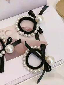 1 件优雅珍珠发圈，光滑柔软发带，蝴蝶结发带，适合马尾辫，发饰马尾辫固定器发圈发橡皮筋发圈发绳弹性发带