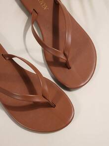 新款春夏女士露趾凉鞋、圆头平底人字拖、室内外休闲装 - 棕色 - 查看 9