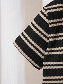 2pcs/Set Young BoyWaffle Stripe Polo Shirt Set, 2025 - V-Neck Shirt And Shorts, Summer Outfit (Suitable For 2-3 Years, 4-5 Years, 6-7 Years Old Children) - Black - View 4