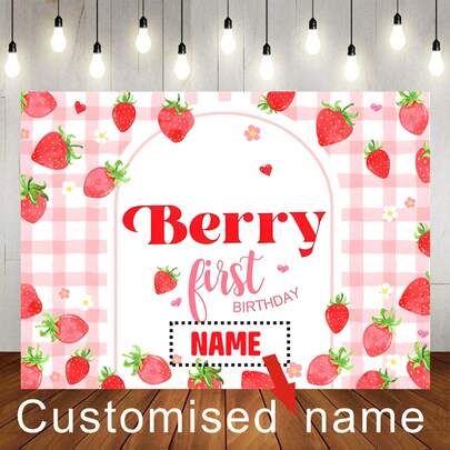 1pc Customisable Name Years Pink Strawberry Themed Birthday Photography Backdrop Strawberry Cake Banner Balloon Personalised Name Years Design Decorated On Birthday Shower Party Background Decoration Banner Vinyl,Multi-Functional, Ornamental,Reusable,Exquisite,Stylish,High-Quality,Colorful,Modern,Custom,Personalized,Unique,Ideal Gifts For Him,Ideal Gifts For Her,Boyfriend,Dad,Girlfriend,Mom,Family,Friends,Tea Room,Home,Garden,Office,For Anniversaries,For Valentine's Day,For Mother's Day,For Birthdays,For Father's Day,For Graduation,For Weddings,For Housewarming,Graphic Print,Party Top, Sweet 16 Party Decor