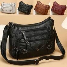 [Bolso bandolera ligero con cremallera] Elegante bolso bandolera de mujer con múltiples bolsillos, bolso de hombro de piel sintética, de unicolor ligero con correa ajustable, cierre con cremallera, forro de poliéster, bordes pintados, para uso diario y ocasiones - disponible en negro, gris, rojo, marrón claro