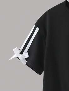 2pcs/Set Tween GirlsFashion Simple Bowknot T-Shirt Top And Black & White Striped Wide Leg Pants Outfit, Summer - Black - View 3