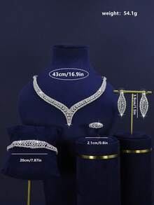 5pcs Luxury Royal Style V-Shaped Bridal Wedding Jewelry Set, Handset White Cubic Zirconia, Including Necklace, Bracelet, Earrings, Ring, Suitable For Daily Wedding Wear, Wedding Anniversary Gift (Deluxe Gift Box Packaging) Complimentary - Platinum Plated - View 2