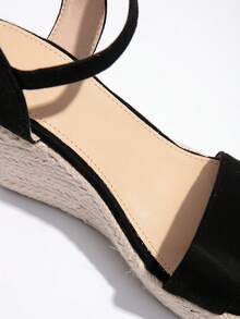 Sandal Wedges Anyaman Jerami Baru Warna Hitam untuk Wanita, Gaya Kasual dengan Tali untuk Liburan, Sandal Platform Roman dengan Sol Tebal dan Tali, Musim Semi/Panas - Hitam - View 8