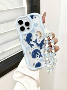 Cream Swirl Wave Edge Gloss Oil Painted Whale Pattern Anti-Drop Phone Case With Handmade Beaded Bracelet Accessories, Compatible With IPhone 16/11/16pro/16plus/16promax/16e/15Promax/13/14/12/XS/XR/7G/8P, Galaxy 11/12Pro/12/12X/13Pro/14Pro/15Pro/X3pro/,Redmi 10/9/Note9/12c/Note11pro/Note8Pro/9C/9a Waterproof Shockproof Scratch Resistant