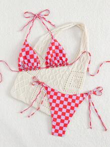 Pink Plaid Print Knotted Back Strap Bikini Set, 2-Piece Swimsuit For Women, Summer Beach Holiday