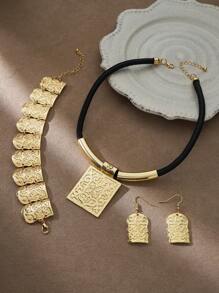 3 pièces/Set Collier rectangulaire géométrique, ensemble de bijoux Bracelet et Boucles d'oreilles, accessoires de mode exagérés de couleur or pour femmes, pour porter lors de soirées et de banquets