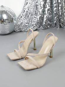 女士时尚高跟方头凉鞋 - 杏色 - 查看 2