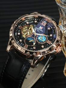AOKULASIC 1 Stück Mode Luxus Tourbillon Skelett Automatik mechanische Uhr für Herren mit leuchtenden Zeigern, Lederarmband, Business Lässig Uhr als Geschenk