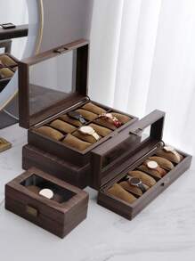 1pc Elegant Wood Grain Leather Watch Storage Box With Glass Window For Stylish Watch And Bracelet Display, Perfect For Valentine's Day, Back To School, Christmas, And New Year Gift Giving, Ideal For Watch Collectors And Fashion Enthusiasts, Organize Your Timepieces With Class And Sophistication