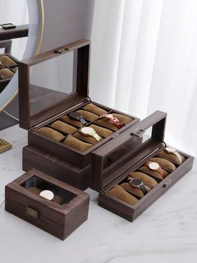 1pc Wood Grain Leather Watch Storage Box Glass Window Watch Collection Case For Wrist Watch And Bracelet Display Valentine Day Back To School