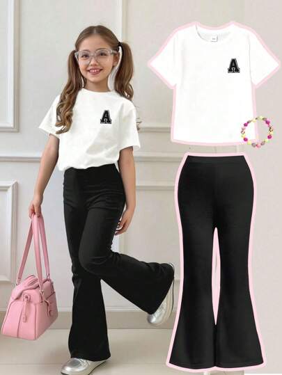 2pcs Tween Girl Letter A Print Short Sleeve T-Shirt And Flare Pants Set, Soft And Machine Washable, Spring/Summer