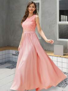 Vestido longo de noite de cetim com renda bordada sem mangas, elegante para eventos da noite