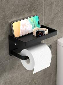 Black Toilet Paper Holder With Shelf And Phone Holder - Wall Mounted With Self-Adhesive Or Screw Mount Installation, Includes Roll Dispenser And Storage Function