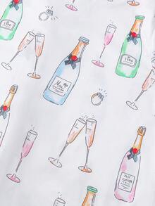 2 件女士休闲酒瓶和香槟印花睡衣套装，优雅风格舒适户外褶袖家居服，适合所有季节，领扣短袖上衣和宽松松紧腰短裤 - 白色 - 查看 8