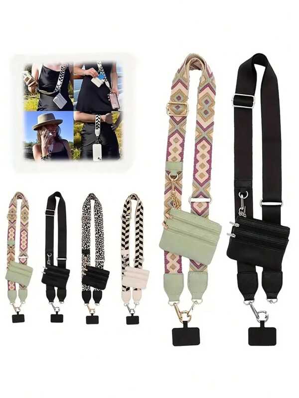 Telefoonkoord met ritsvakje, verstelbare polyester telefoonketting met portemonnee-tasje met rits, afneembare mini-tas met clip, schouderband voor telefoon met portemonnee, kaarthouder voor damesportemonnee