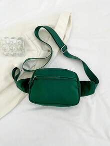 春季新款尼龙PU休闲简约腰包跑步运动胸包多功能斜挎胸包时尚女式迷你胸包手机袋零钱包旅行百搭 - 墨綠色 - 查看 3