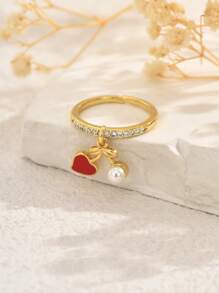 1 pieza Anillo abierto con colgante de frutas multiefecto de cobre con circonita cúbica, anillo sencillo de mujer, versátil para uso diario, trayecto, casual, regalo de vacaciones