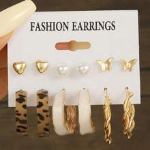 6-18pcs/Set Fashion Simple Versatile European & American Style Golden Metal Faux Pearl Heart Rhinestone Earrings Set, Suitable For Parties, Gatherings, Daily Wear, And Holiday Gifts