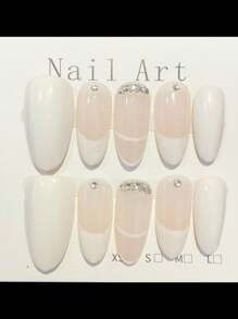 10 Pieces Handmade Press On Nails,French Tip Nailsfake Nails,Summer Nails,Beauty Nail Art,Press On Nails White,Suitable For Women And Girls For Daily Or Holiday Wear, High-End Quality.