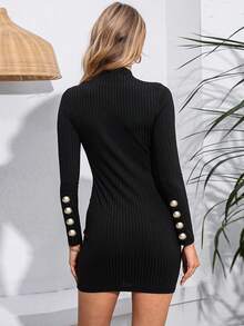 Primavera y verano de las señoras acanalado raya botón vestido corto, casual transpirable delgado vestido de punto corto, de moda versátil cuello redondo vestido de manga larga, adecuado para el día a día, deportes, citas, viajes - Negro - Ver 2