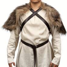 1 Barbarian Shoulder Cape Shawl - Viking Style Faux Fur Collar Cape Medieval Winter Short Coat For Halloween And LARP Role Playing Party - A - 查看 1