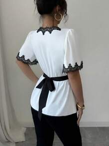 1pc Contrast Color Lace Patchwork Ruffled Belted Shirt