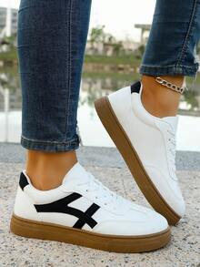 1 pezzo Nuove scarpe da ginnastica con lacci da donna, scarpe sportive casual di moda moderne e versatili da usare all'aperto o a scuola, taglie comode - Bianco - Visualizzare 4