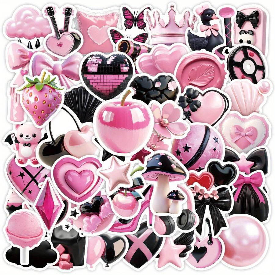 50PCS Black Pink Cute Graffiti Sticker Decoration Suitcase Water Bottle DIY Water Cup Notebook Skateboard Luggage Helmet Self-Adhesive