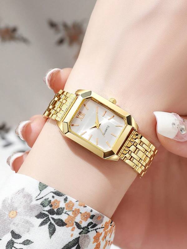 1pc Women's Creative Roman Numeral Small Dial Square Metallic Chain Quartz Stainless Steel Band Watch, Suitable For Back To School, Birthday, Anniversary, Halloween Gift