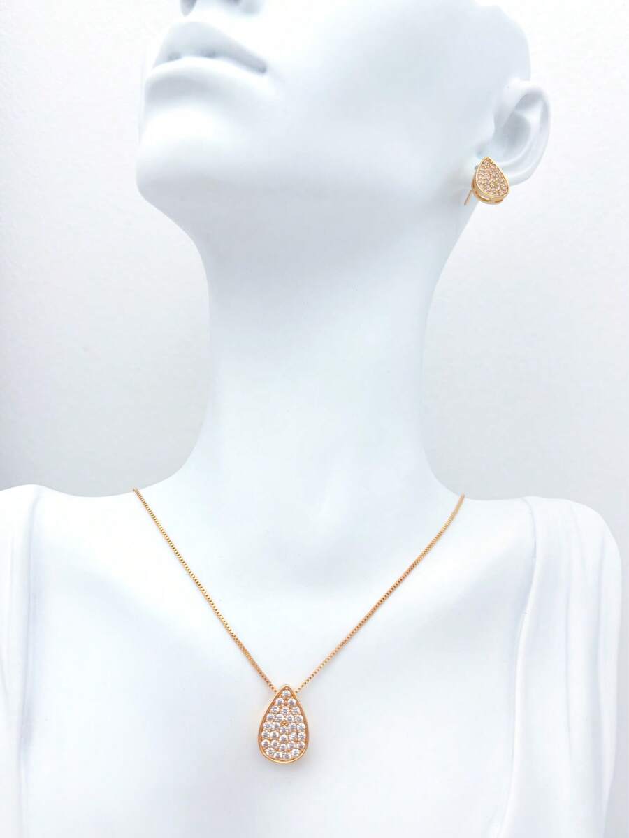 Refined Water Drop Necklace And Earrings Set, 18k Gold Plated Or 925 Silver, With  - Ideal Gift For Women - 金色 - 查看 1