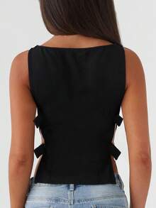 Women Buckle Tank Top Y2k Slim Fit Crop Tops Sexy Sleeveless Round Neck Hollow Out Shirt Rave Outfits - 黑色 - 查看 3