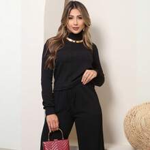 SILK ROUTE Women's Wool Set, Wide Leg Trousers And Turtleneck Blouse, Winter - 黑色 - 查看 8