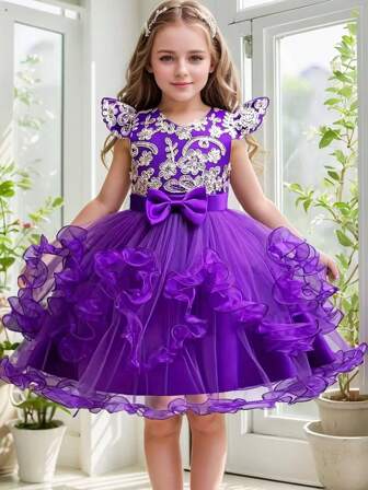 女童短袖蝴蝶结芭蕾舞裙，儿童派对选美婚礼伴娘花童，适合所有季节