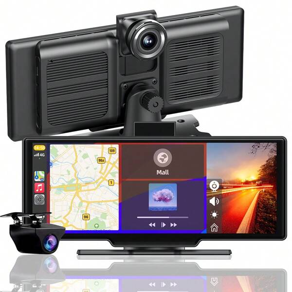 EE-ACE E-ACE Pantalla inalámbrica de 10.26" con CarPlay y Android Auto, Cámara de salpicadero frontal 4K ADAS, Cámara de salpicadero frontal y trasera 1080P, Cámara de salpicadero con audio AUX GPS Navegación, Grabadora de automóvil con función de monitoreo de estacionamiento durante 24 horas
