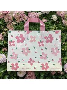 20/50pcs, Mocha Colored Floral Print Tote Bag - Thick, Waterproof, And Reusable With A Pink Handle - Perfect For Retail Displays, Clothing Stores, Jewelry And Clothing Shopping, Daily Handheld Use, Cute Floral Print Pattern, Gift Bag