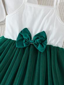 两件套女童优雅新款印花短外套搭配吊带网纱裙，夏季派对及假日装扮 - 墨綠色 - 查看 5