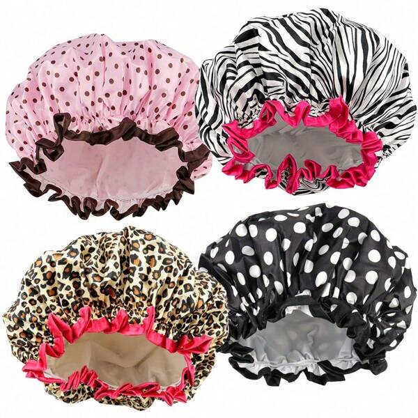 4 Pieces Shower Cap For Women, Elastic And Reusable, Hair Bath Caps, Double Waterproof Layers Bathing Hat