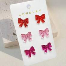 3 Pairs Fashion Sweet Style Butterfly Earrings, Shiny Bow Stud Earring Sets