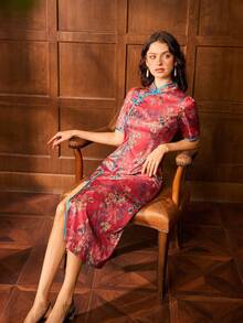 Contemporary Chinese-Inspired Cheongsam Dress With High Neck Collar & Short Sleeves, Elegant Floral Embroidery, Structured Silhouette,Piping Detailing For Formal Galas, Weddings, Corporate Banquets, Ceremonial Events - Red - View 8
