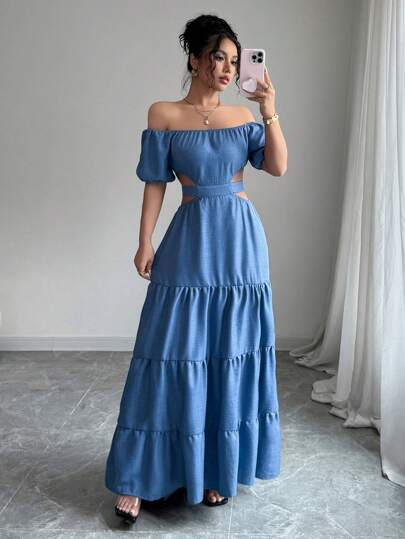 Vestido de mujer con efecto de mezclilla, escote hombros descubiertos y espalda descubierta con lazos, estilo vacacional