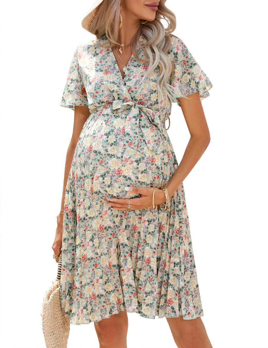 Women's Maternity Pleated Short Sleeve Wrap V Neck Summer Midi Dress Casual Nursing Dress Baby Shower Photoshoot Belt - 綠色大印花 - 查看 1