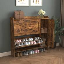 Shoe Storage Cabinet With 2 Flip Drawers, Freestanding Organizer With Metal Legs For Entryway, Narrow Shoe Rack Cabinet, Rustic Brown   WL