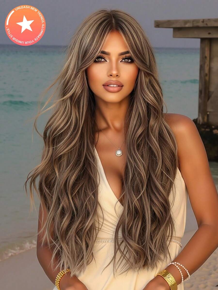 Tóc giả dài 26 inch màu nâu mocha, kiểu tóc xoăn, có mái, làm từ sợi tổng hợp chịu nhiệt, phù hợp cho nữ, thích hợp cho các dịp lễ, tiệc tùng và sử dụng hàng ngày. - Màu nâu Mocha - Xem 1