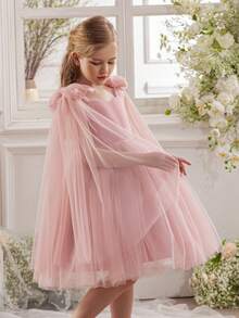 Robe de fête avec nœud pour jeune fille, robe de princesse élégante avec tulle en maille, convient pour les anniversaires de filles, les cadeaux, les bals, les occasions festives, les mariages, les robes de demoiselle d'honneur, les tenues de fête de vacances, la robe de Thanksgiving - Rose bonbon - Voir 9