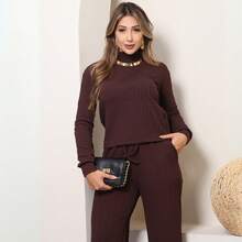 SILK ROUTE Women's Wool Set, Wide Leg Trousers And Turtleneck Blouse, Winter - Rust Brown - View 8