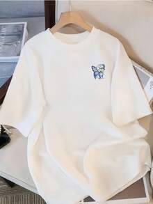 女士蝴蝶花朵图案短袖圆领休闲宽松T恤，百搭夏季上衣 白色 - 白色 - 查看 6